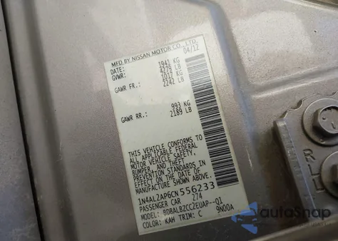 2012 Nissan Altima 2.5 S from USA, damaged, VIN 1N4AL2AP6CN556233